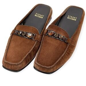 Stuart Weitzman Suede Brown Square Toe Slip on Mules Loafers Shoes Size 8